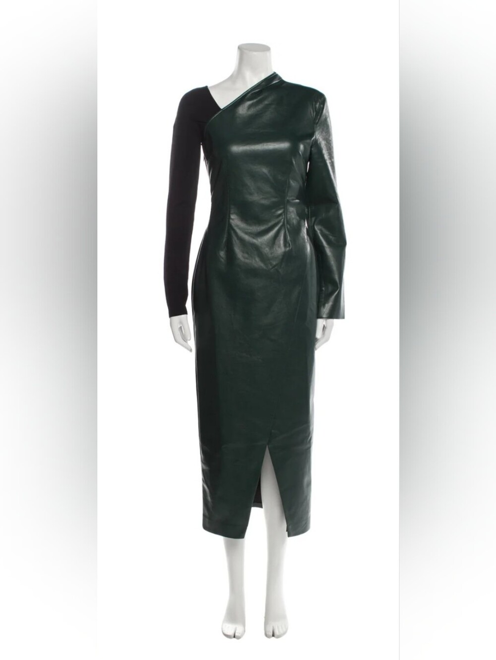 Nanushka Dark Green and Black Asymmetric Leather Maxi Dress